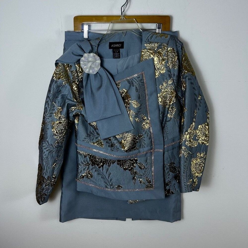 Ashro Womens Skirt Suit Set Size 12 Blue Gold Metallic Floral Brocade Rhinestone